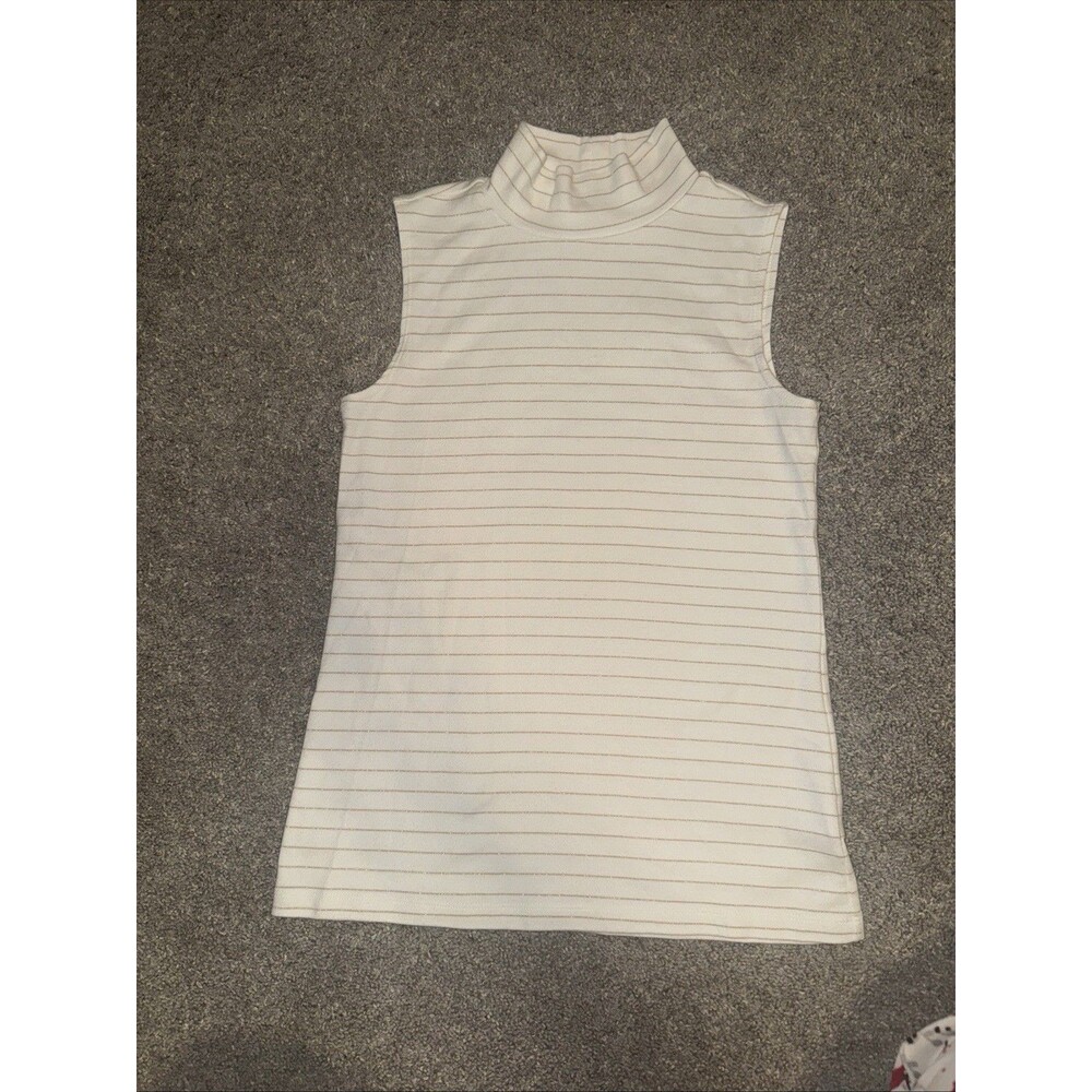 Mock Neck Turtleneck Sleeveless Tank Top Cream Gold Glitter Pin Stripe Croft